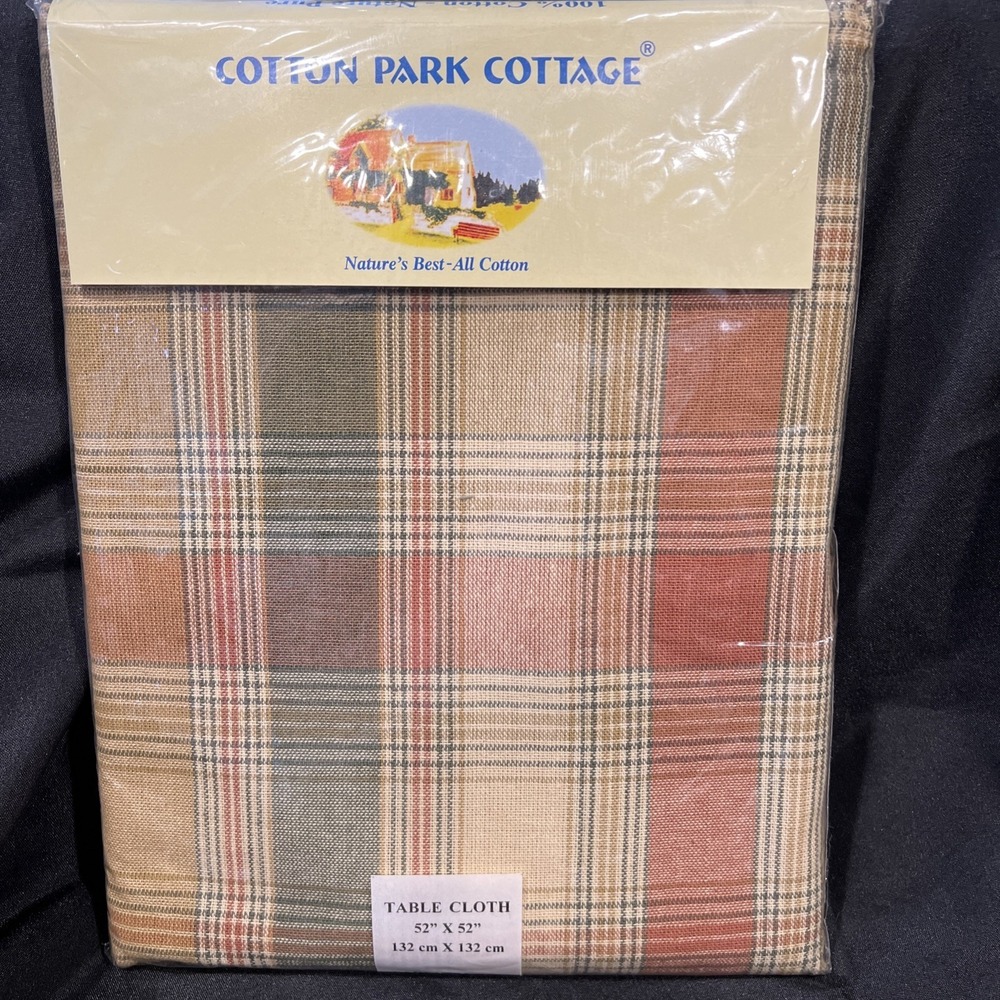 Vintage Cotton Park Cottage All Cotton 52" X 52" Square Beige Plaid Tablecloth